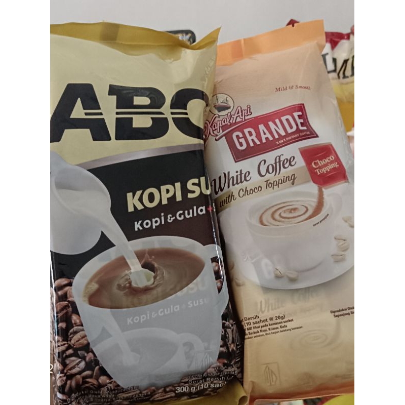 

paket hemat kopi susu abc + kapal api white coffee dapat 20 saset