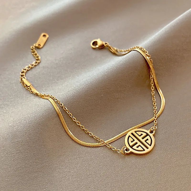 Gelang Titanium Beruntung Karakter China 'Fu' Gold