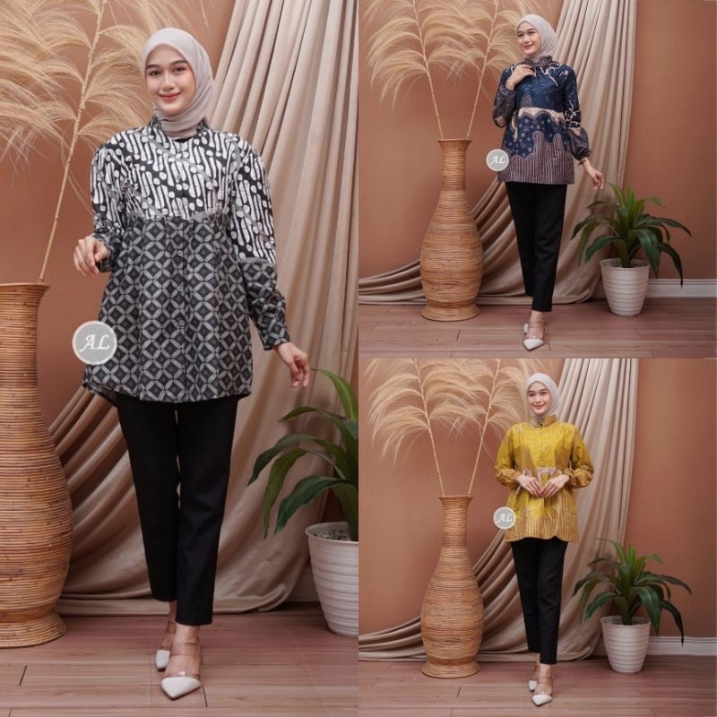 baju batik wanita lengan panjang motif Kawung hitam batik atasan wanita kerja