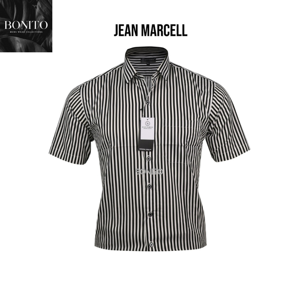 Kemeja Pria Stripe Salur Hitam Putih Jean Marcel Lengan Pendek Regular Fit