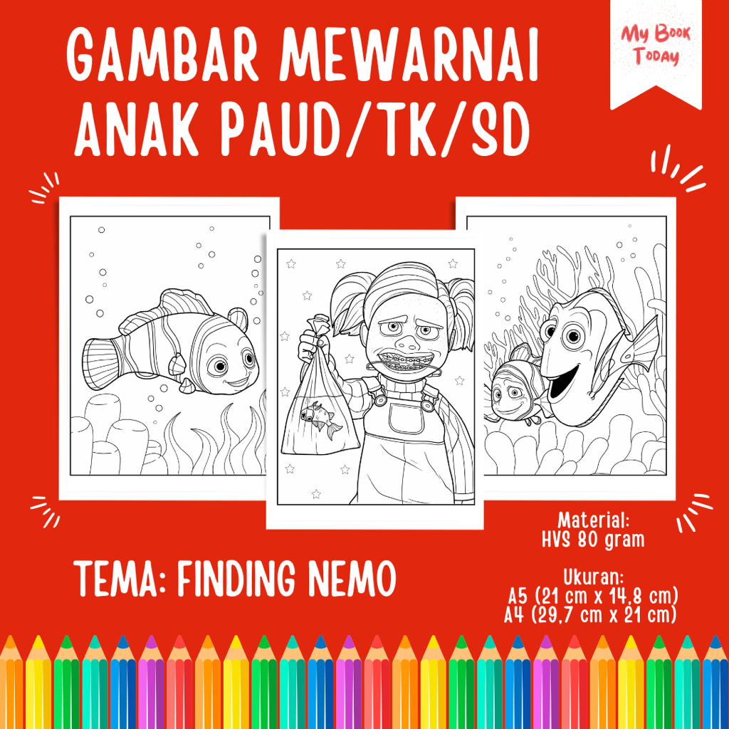 

[My Book Today] Lembar Kertas Sketsa Gambar Mewarnai untuk Anak Sekolah PAUD TK SD Tema Finding Nemo