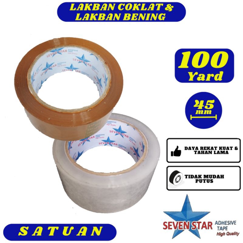 

Lakban Coklat Lakban Bening Seven Star 45mm x 100yard Satuan - Daya Rekat Kuat,Tidak Mudah Putus
