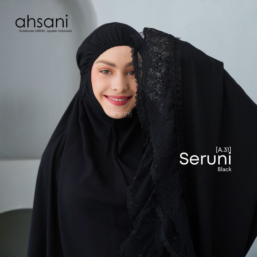 Seruni Mukena Ahsani Dewasa Warna Hitam Bahan Rayon Twill Premium Tebal Adem Nyaman Untuk Sholat Siz