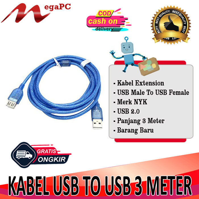 Kabel USB To USB 3 Meter/Kabel USB Male To USB Female Panjang 3 Meter Baru