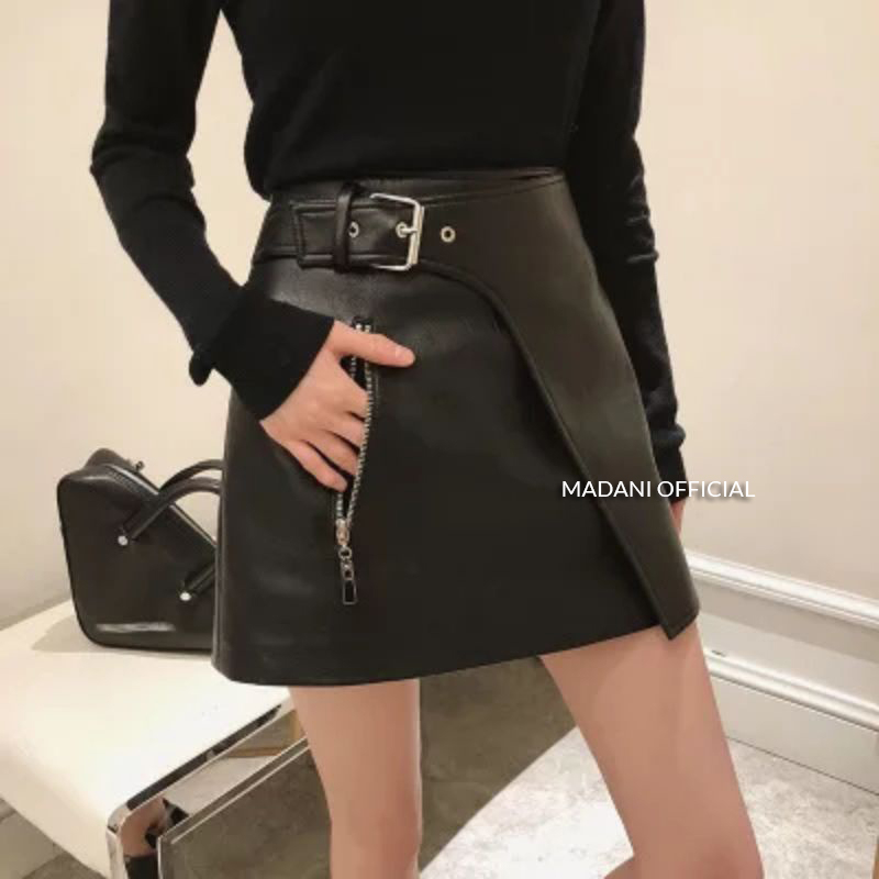 MDN x MUNICH - Rok Mini Wanita Rok Kulit Sintetis Fashion Korea Harajuku Mini Skirt Casual Wrapped B