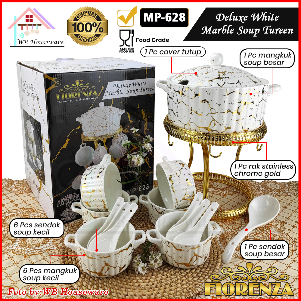 FIORENZA soup tureen white marble duluxe series with rack / mangkok es buah keramik + sendok MP-628