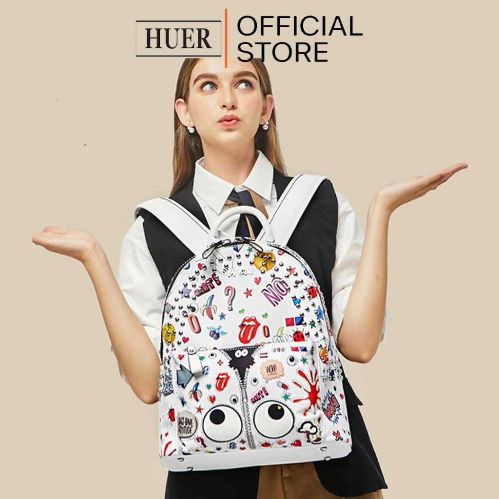 HUER ~ Tas Wanita Geohy Stud Eye Theme Printed Backpack 9454-108White