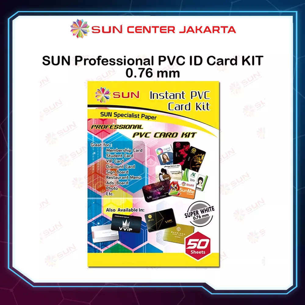 

Kertas PVC ID Card A4 PREMIUM - SUN PVC ID Card Super White 0.76, 0.96 (Isi 50 Lembar = 500 Card) ( Support epson/canon/hp/brother ori/dye/pigment/art paper ink - 664, 003, 673, 790, 810, BT5000, GT51 52, dll)
