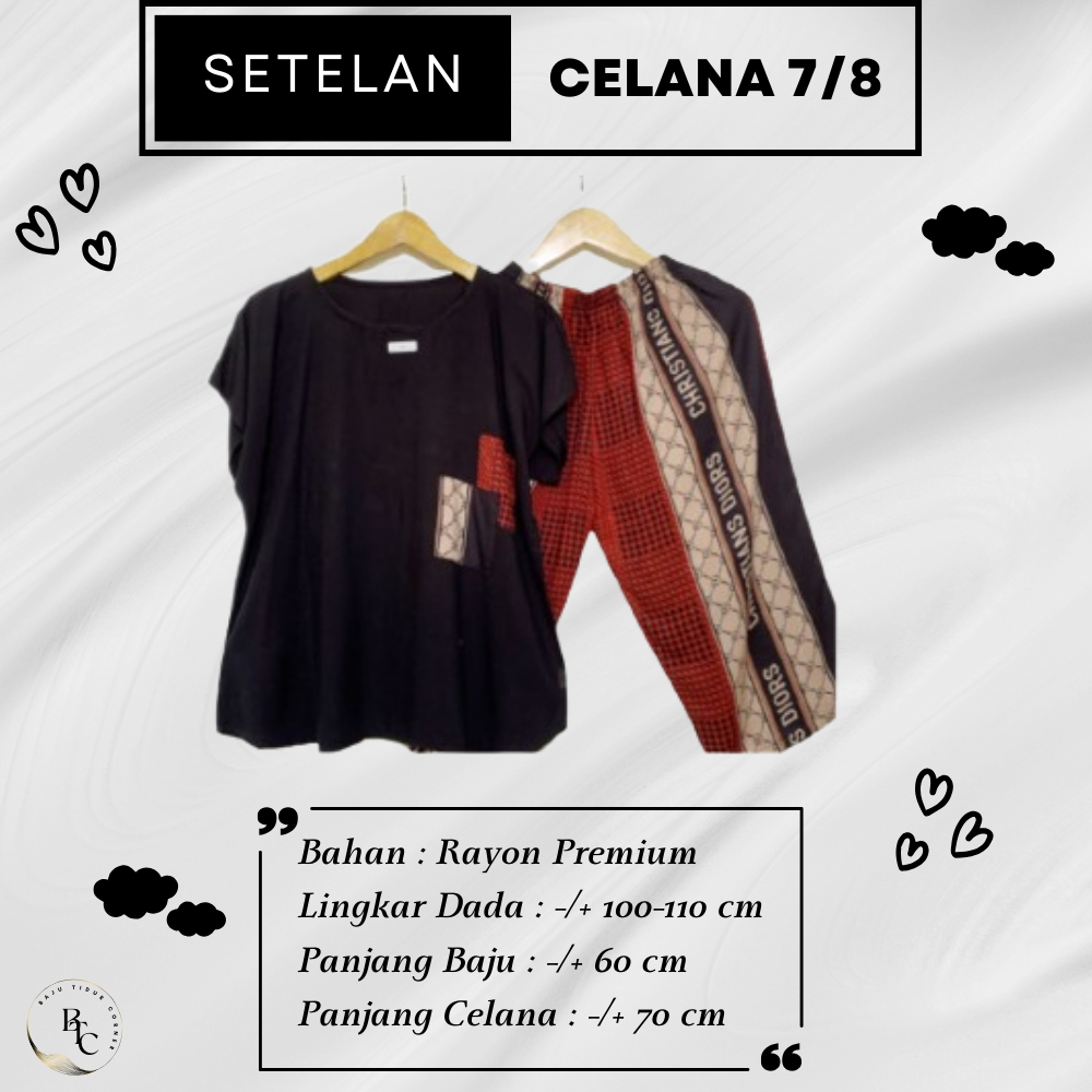Setelan Piyama Wanita Baju Tidur Rayon Kekinian Atasan Hitam Celana 7/8 Motif