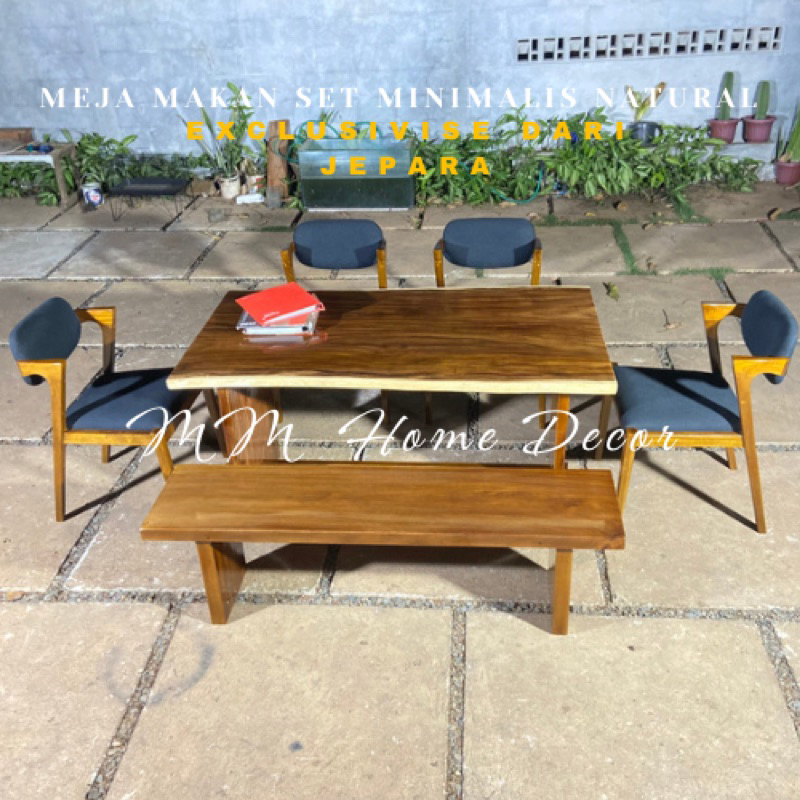 Meja makan set minimalis natural terbaru material meja kayu trembesi solid kombinasi kursi jati jepa