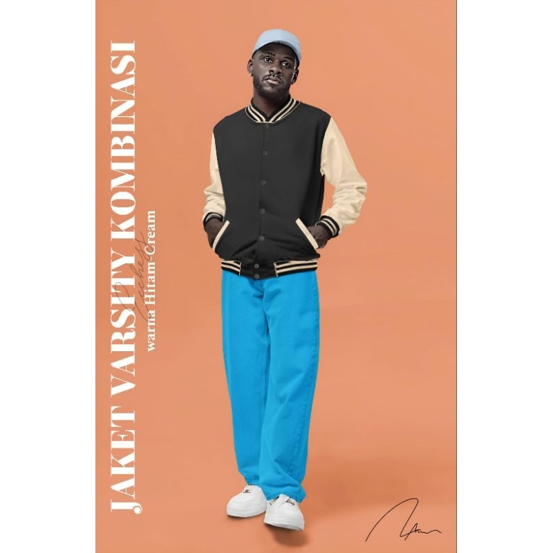 Jacket Varsity kombinasi polos Hitam Mocca pria/wanita Bisa COD