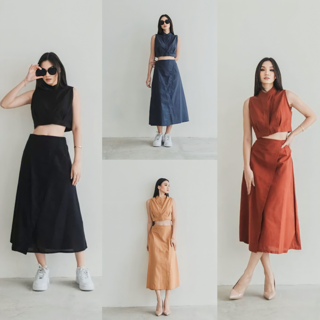 Seaneclothing 5030 Joana Linen Crop Top With Skirt / setelan wanita
