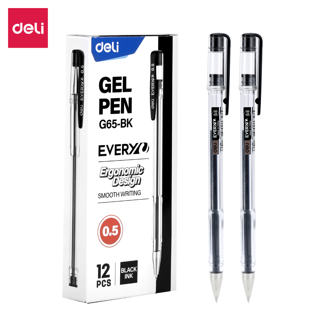 Deli Pulpen Gel / Gel Pen 0.5 mm Isi 1 pcs Tinta Hitam/Biru Nyaman Digenggam EG65
