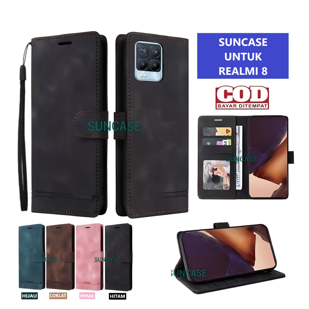Casing REALME 8 model flip buka tutup case kulit ada tempat foto dan kartu juga tali hp flip cover