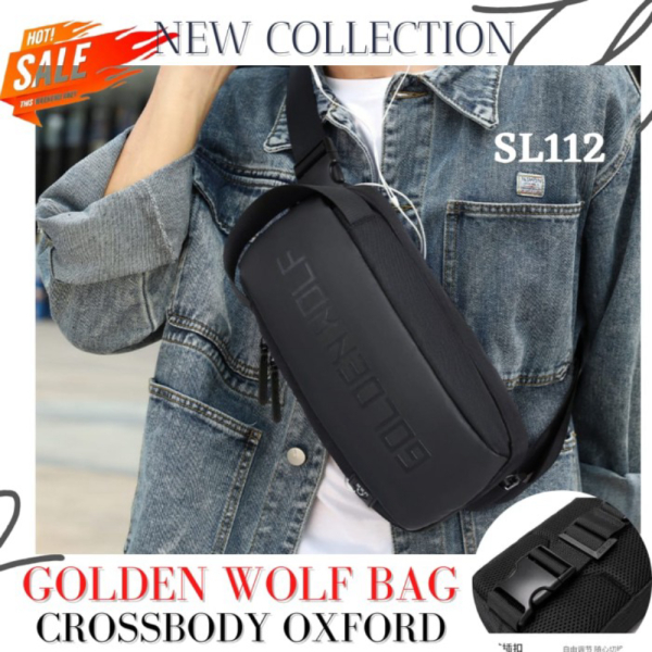 Jual SL112 GOLDEN WOLF - TAS SELEMPANG SLING BAG PRIA ORIGINAL WATERPROOF - BLACK Diskon