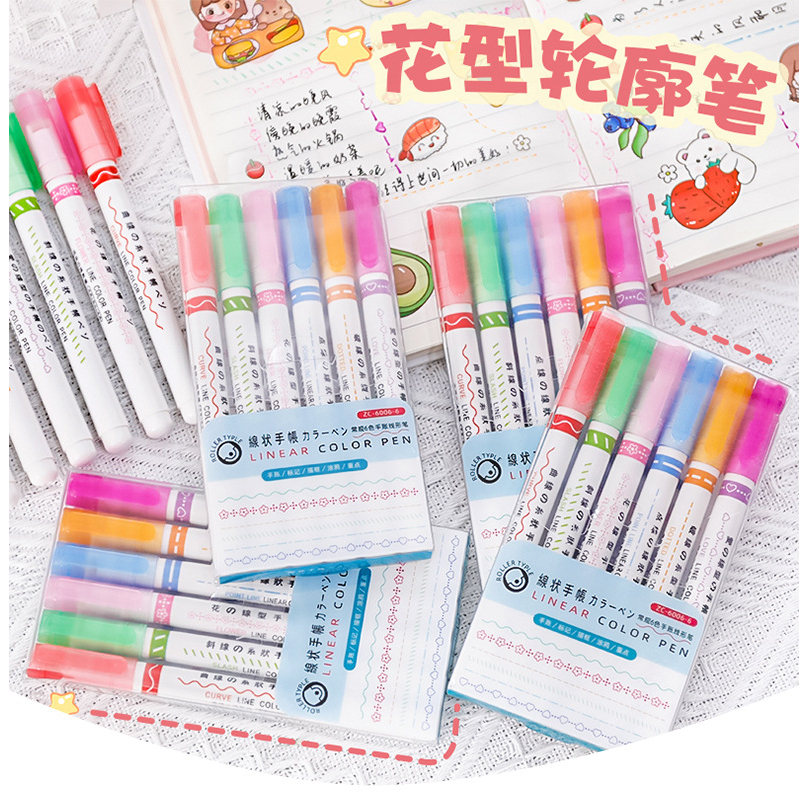 

6 Pcs Linear Color Pen / Stabillo Motif /Roller / 6 Motif / 6 Warna / Love / Star / Dot