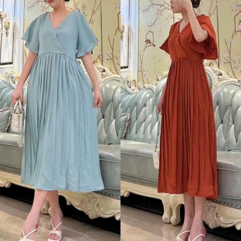 12820 Baju minidress PLEATED PLISKET WRAP VNECK mini dress lengan pendek layer dres Korea Korean sty