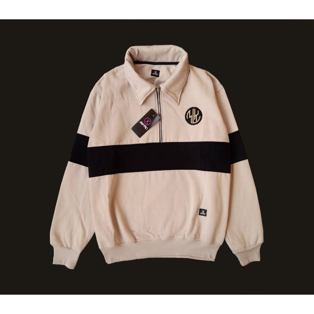 Jaket Rugby Halfzip Polo Shirt Jaket Pria Wanita Katun Fleece Tebal Size M L XL Garis Cream Hitam