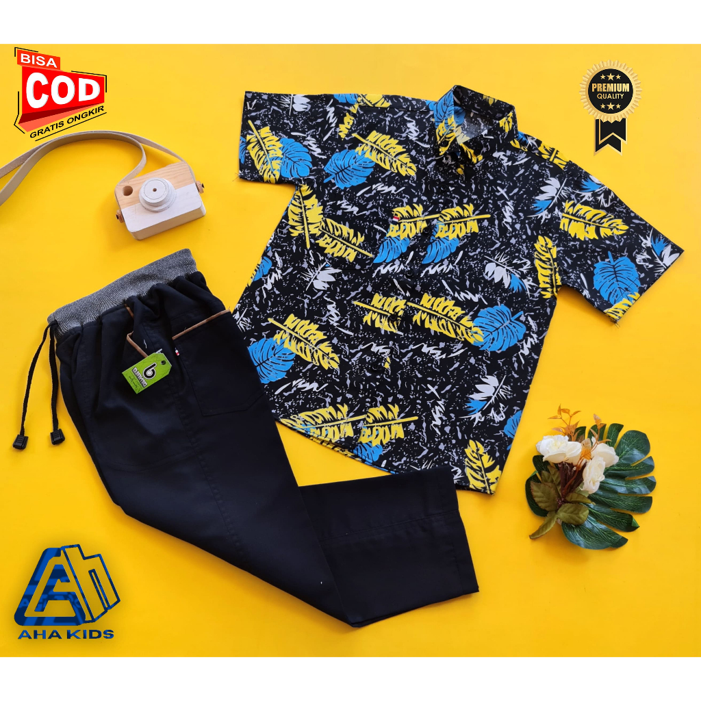 GRATIS ONGKIR/BISA COD Setelan Kemeja Anak Cowok Motif Lengan Pendek serta Celana Panjang yang Terse