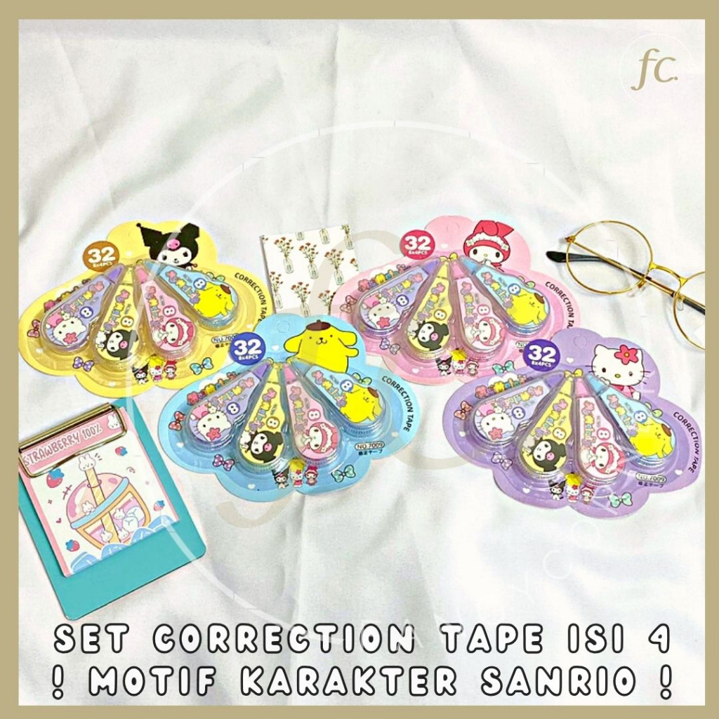 

1 Set 4 Pcs Correction Tape / Tip Ex / Tipe X / Penghapus Pulpen Kartun Karakter Sanrio My Melody Cinnamoroll Kuromi Pompompurin Hello Kitty Pochacco Little Twin Star Alat Tulis Sekolah Kantor Anak Grosir Ready COD