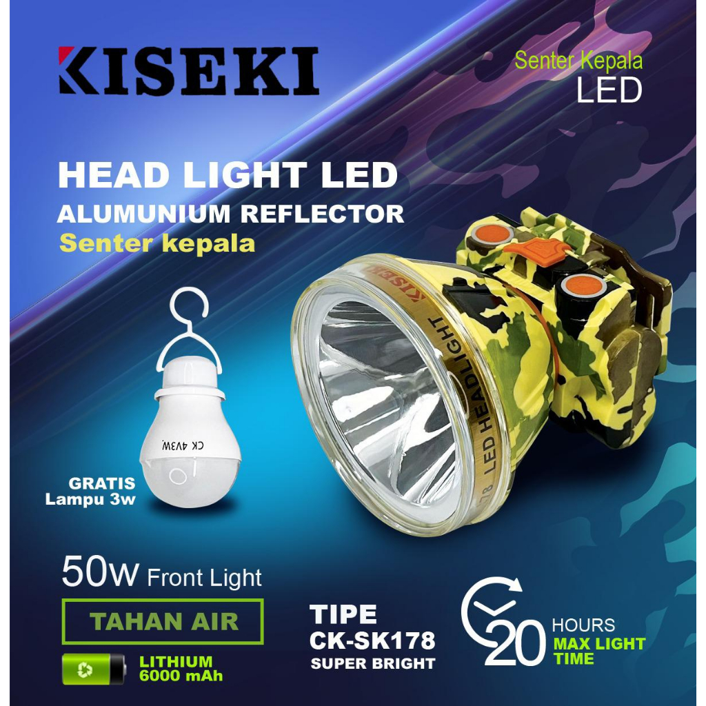 Senter Kepala 50 Watt Kiseki CK-SK178 Cahaya Putih / kUNING HeadLamp Super Terang Kiseki CK SK178