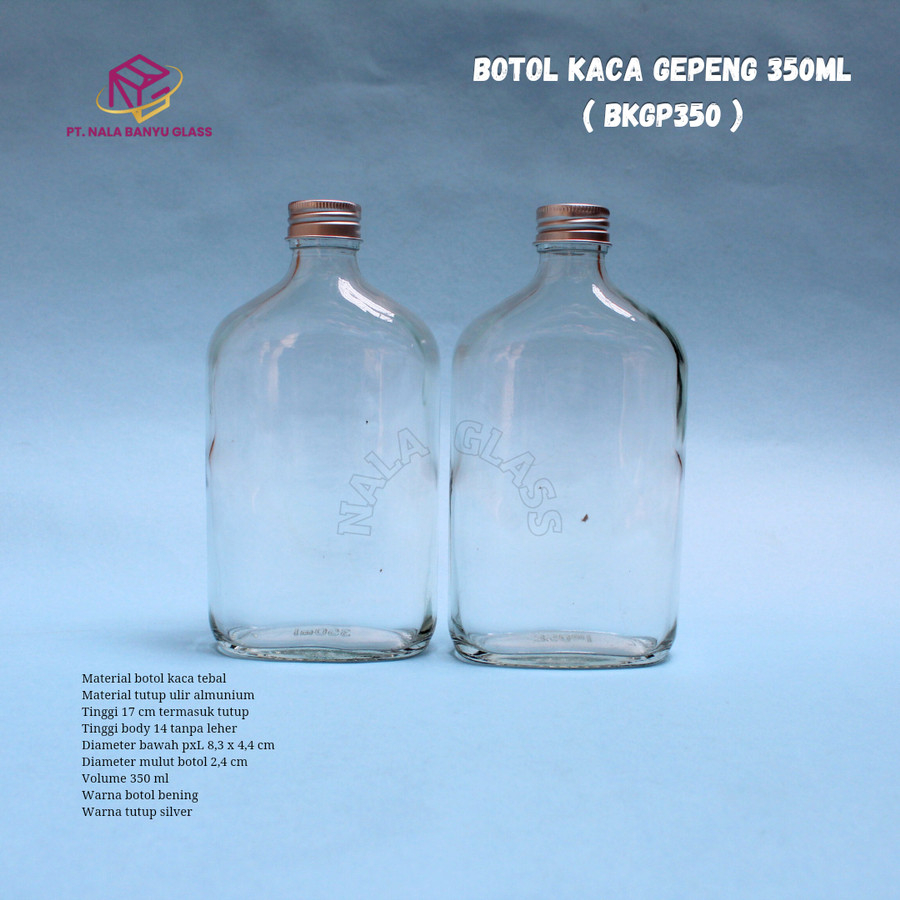 BKGP350 botol kaca gepeng 350ml tutup almunium / botol kaca 350ml baru