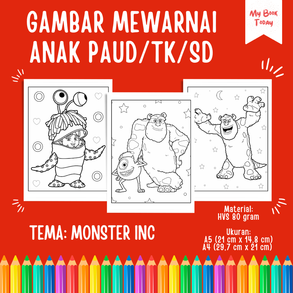 

[My Book Today] Lembar Kertas Sketsa Gambar Mewarnai untuk Anak Sekolah PAUD TK SD Tema Monster Inc