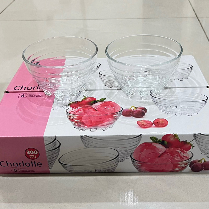 satu set mangkok es krim kaki motif garis charlotte 300ml kimglass isi 6