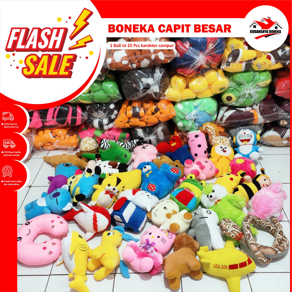 Boneka Mesin Capit Ukuran Besar Size S 1 Ball Isi 25 Pcs Karakter Campur Murah dan Berkualitas