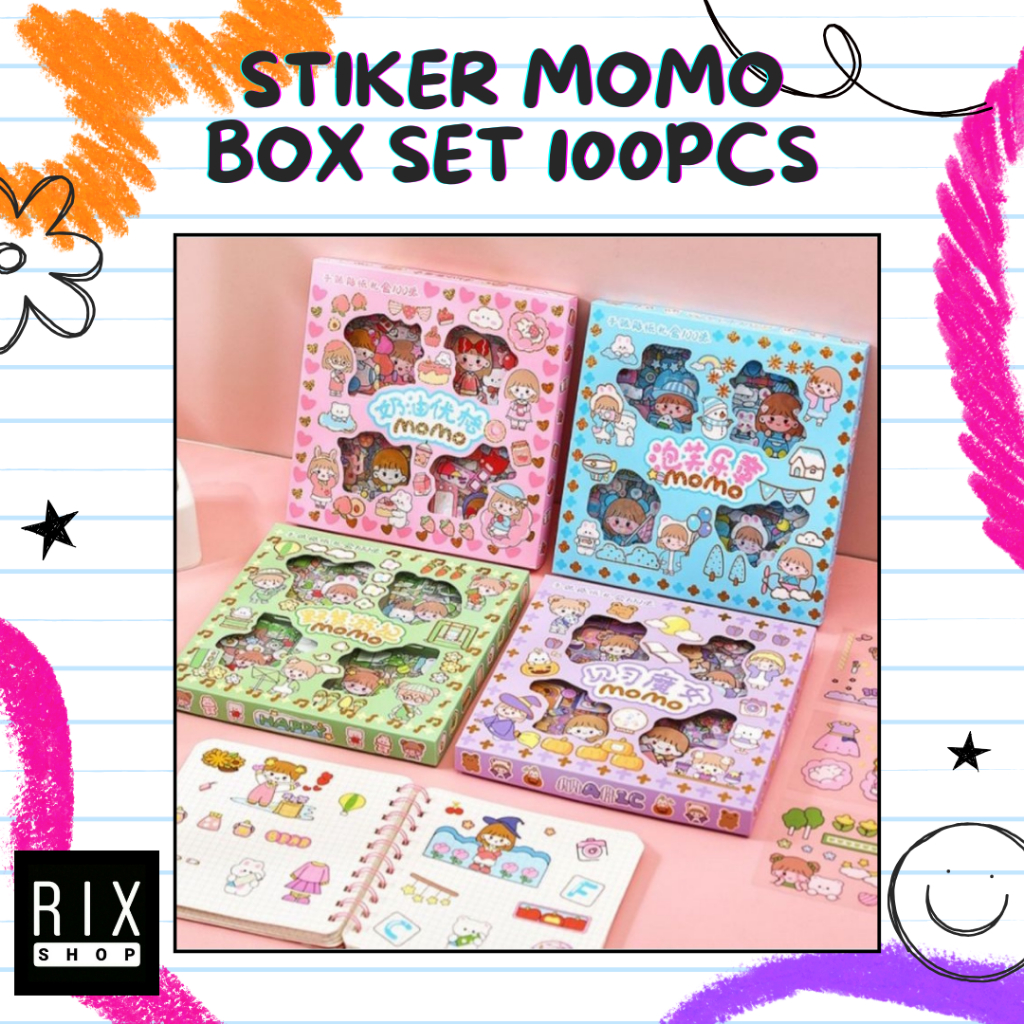 

RIX Box Set Sticker Momo Isi 100 Lembar - Sticker Korea Transparan Waterproof Kekinian