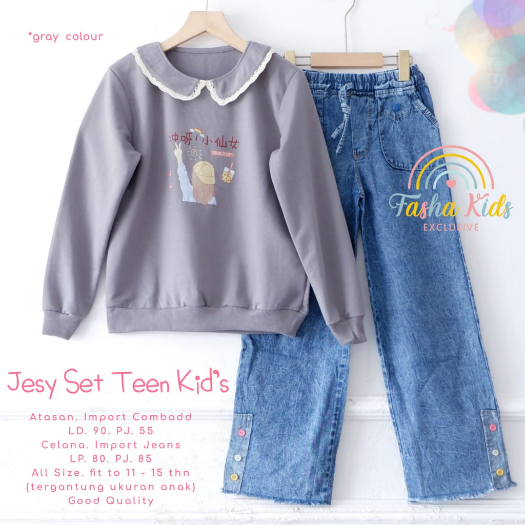 JESY SET TEEN KIDS SETELAN BAJU ANAK REMAJA PEREMPUAN SWEATER DAN CELANA KULON JEANS ONESET ANAK USI