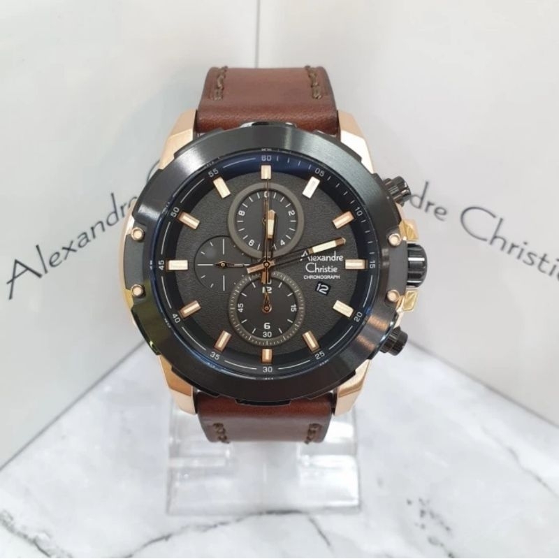 jam tangan pria original ALEXANDRE CHRISTIE AC6583MC LEATHER STRAP ROSEGOLD BROWN