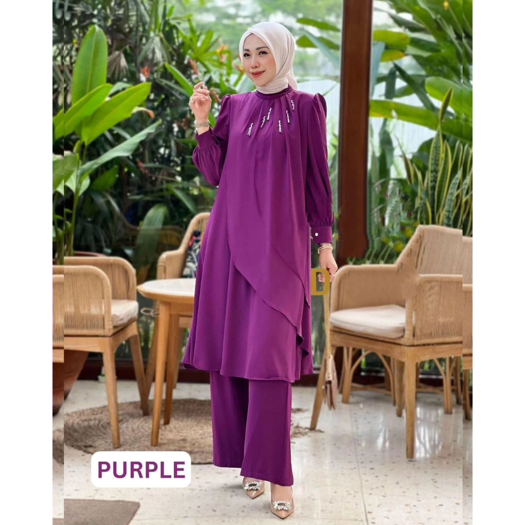 Dafiya Set One Set Muslim Terbaru 2023 Atasan + Celana Baju Setelan Wanita Bahan Crinkle Aksen Mutiara Payet GOM