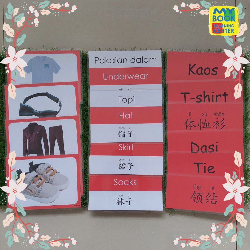 Kartu Mainan Edukasi Anak // Flashcards SIZE JUMBO Tema Pakaian // Clothes 3 Bahasa untuk anak umur 