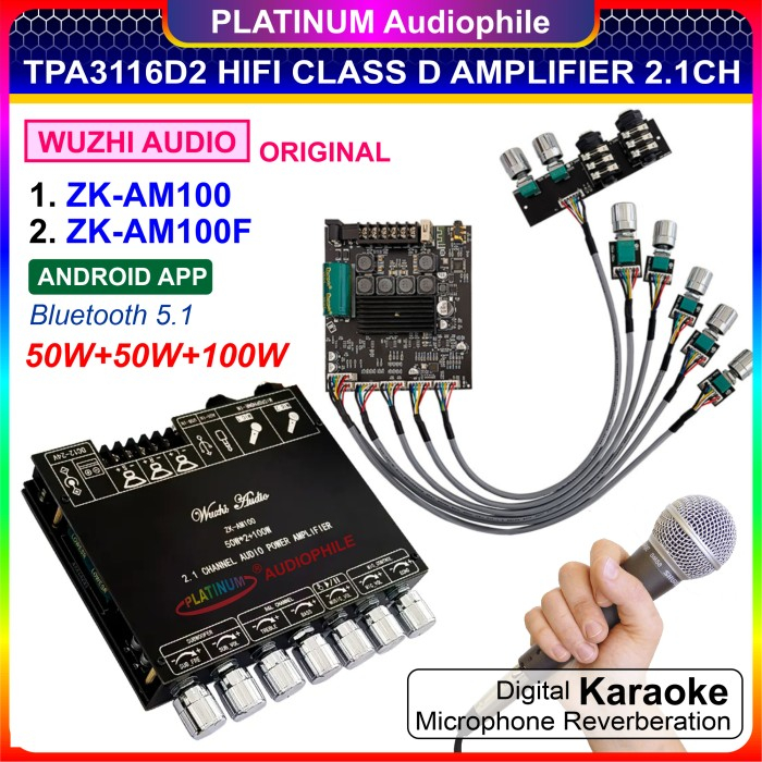 TPA3116 Amplifier Karaoke Echo Microphone Bluetooth 5.1 TWS 2.1 CH 2x 50W + 100W Original ZK-AM100 F