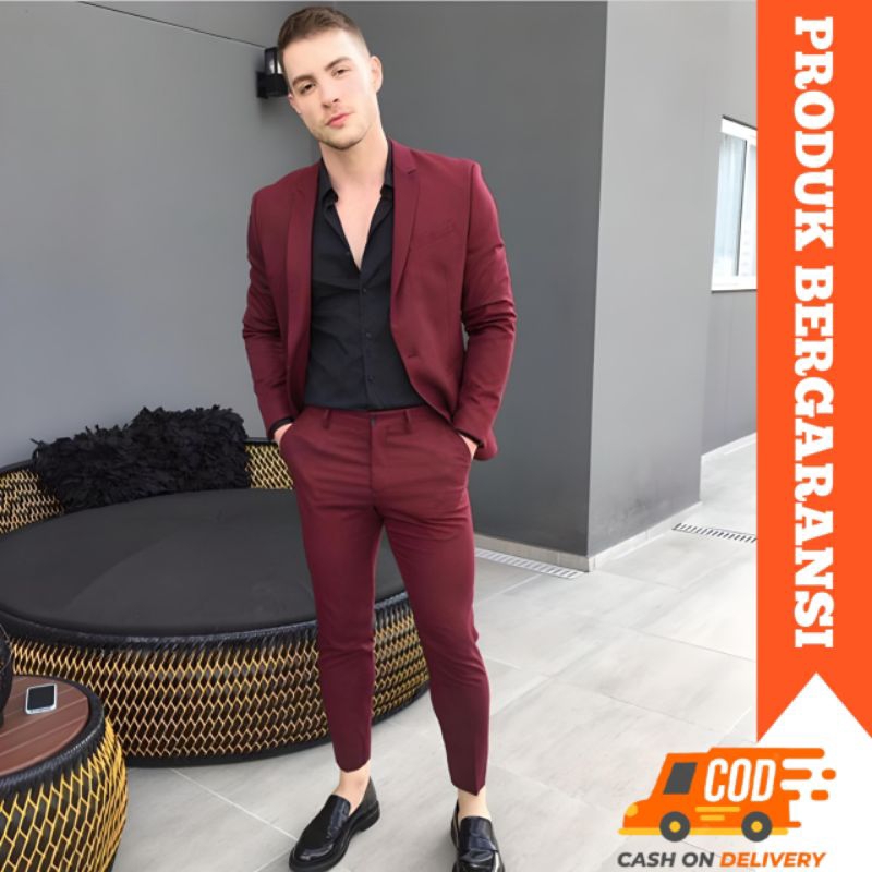 Jas Pria Merah Maroon Jas Blazer Slimfit Premium