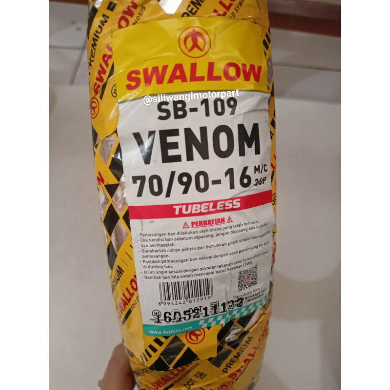 Ban Luar Tubles Tubeless 70/90-16 Swallow Venom Ban Luar Ring 16 Ban Depan Motor