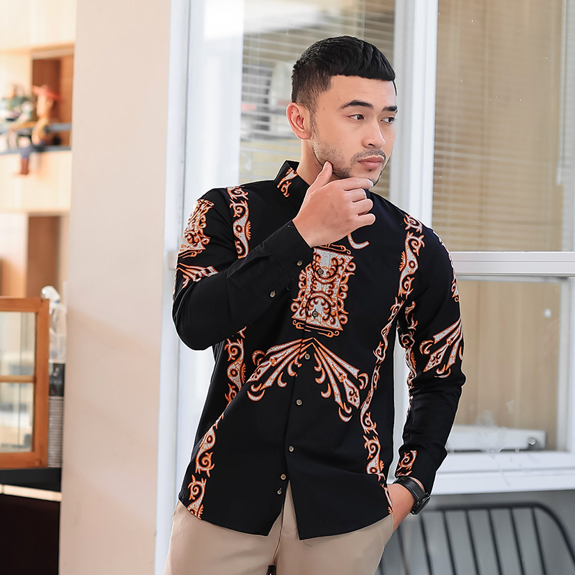 DGM Fashion Kemeja Pria Batik Lengan Panjang Motif Belati Hitam 1234