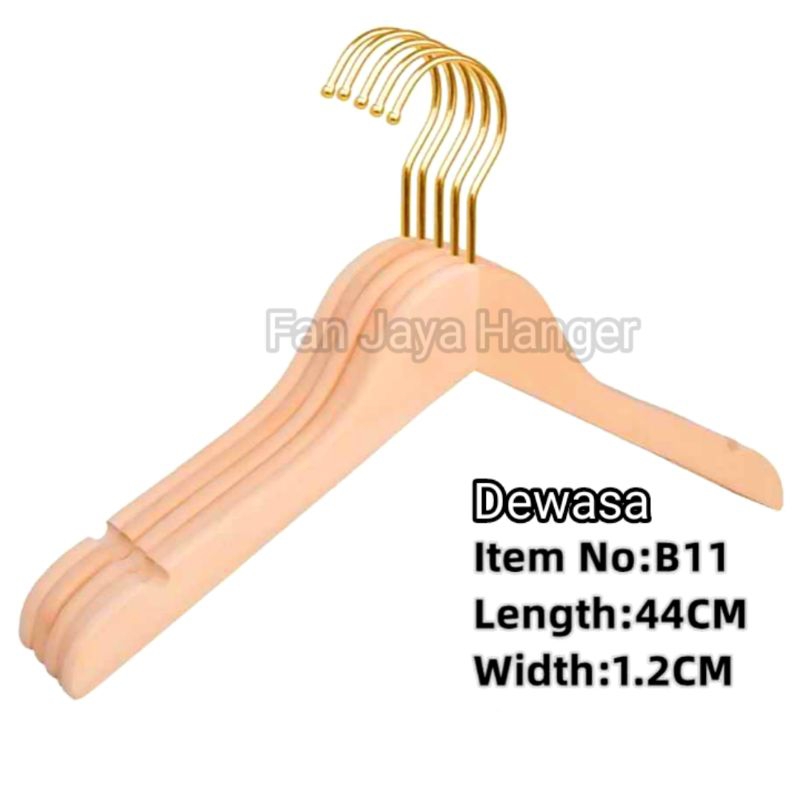 Hanger Kayu Dewasa Natural Kawat Gold ( 1 Lusin )