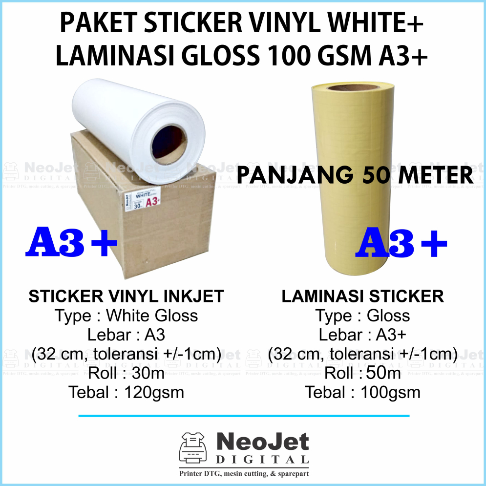 

Paket Sticker Vinyl Inkjet Ink Jet White Putih A3+ Laminasi 100 gsm Glossy A3+ Kilap