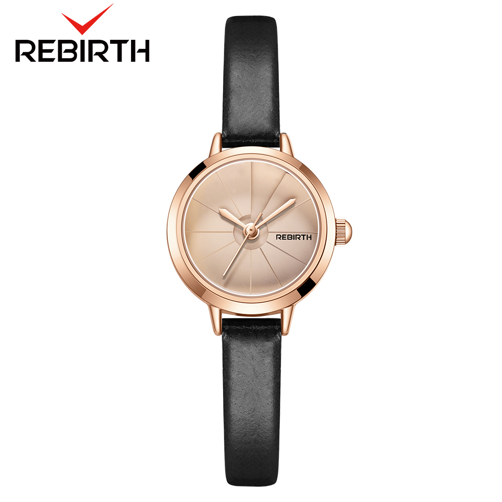 REBIRTH Jam Tangan Wanita Korea Anti Air Panggilan Mini Antik Kasual Tali Kulit Jam Tangan Cewek Original-Black