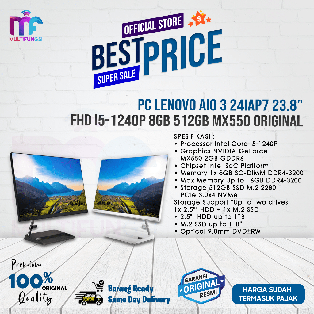 PC Lenovo AIO 3 24IAP7 23.8" FHD i5-1240P 8GB 512GB MX550 Original