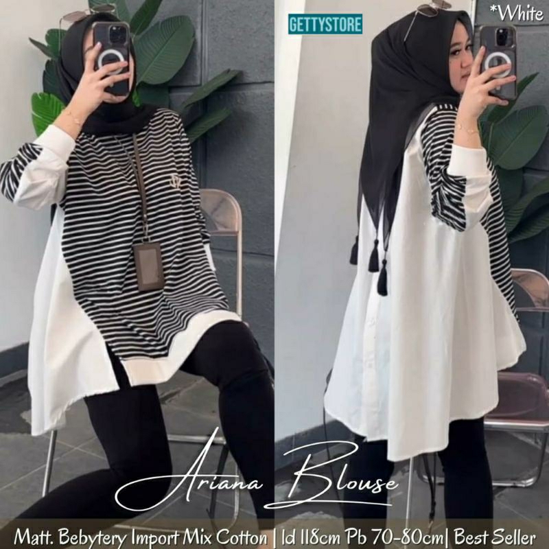 tunik blouse wanita motif garis hitam putih bahan katun mix kaos babyteri