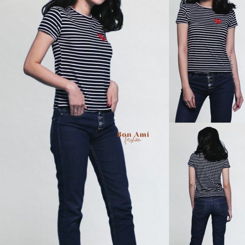 Kaos T-shirt Motif Garis-Garis CDG Stripe Salur O-Neck Lengan Pendek Bordir Hati CDG untuk Wanita