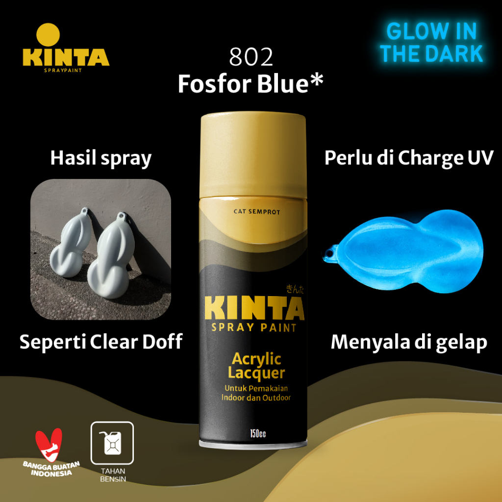 (FOSFOR) 802 FOSFOR BLUE* - KINTA Cat GLOW IN THE DARK semprot / Pilox / Spray paint 150cc