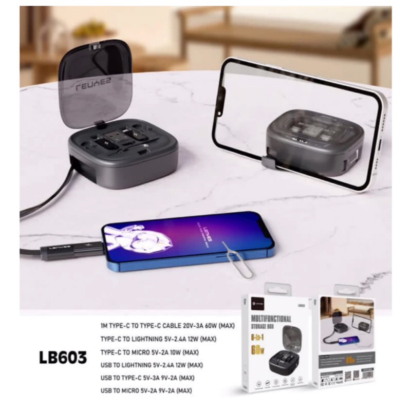 Lenyes Multifungsi LB-603 6in1 Kabel Data 60W Strorage Box Phone Holder
