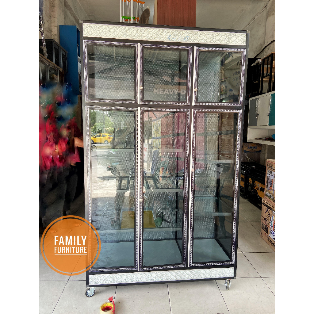 Lemari Rak Piring Tempahan Aluminium Kaca Black 3 Pintu Full Kunci