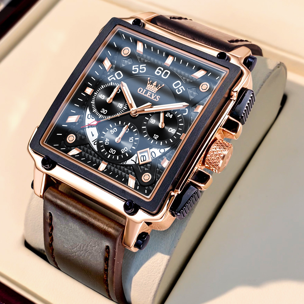 Jam Tangan Pria Kulit Anti Air Casual Square Chronograph dengan Kotak Tanggal untuk Gaya Maskulin OL