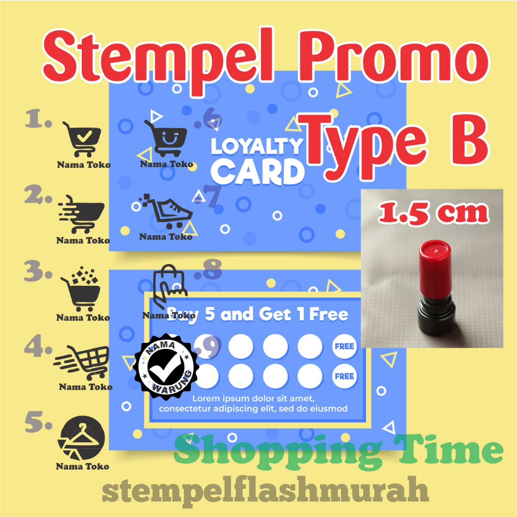 

stempel promo B 1,5cm kartu voucher loyality card nama toko member online gift shop tinta otomatis murah