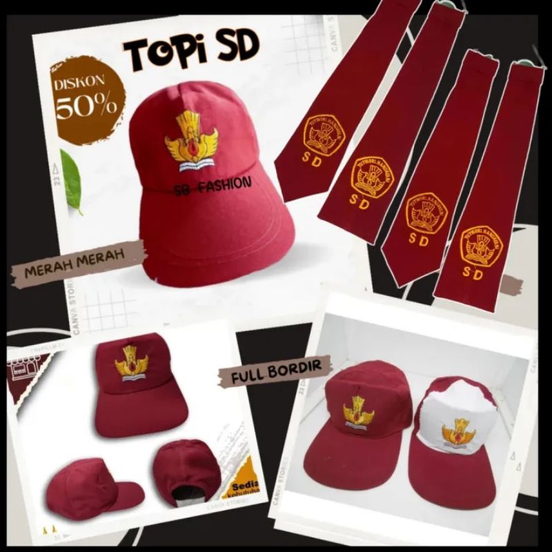 topi dan dasi anak sekolah SD warna merah putih dan merah merah bahan bordir full tali belakang kare